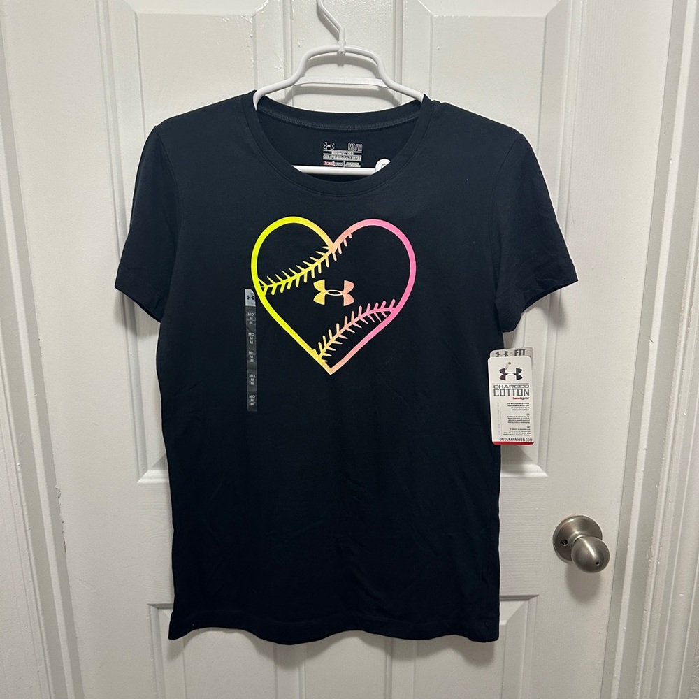 Under Armour Women’s Black Tee with Neon Heart Baseball Design